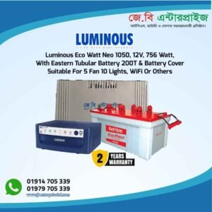 Luminous Ips Eco Watt Neo 1050 With Eastern Tubular Battery 200t For 5 Fan 10 Lights Or Others
